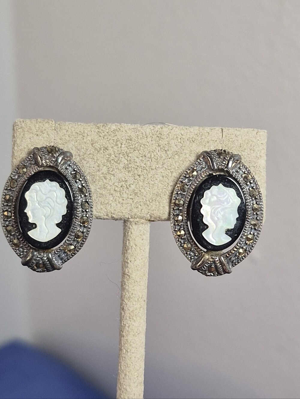 Vintage Sterling Silver Marcasite Mother of Pearl Cameo Onyx Pierced Earrings